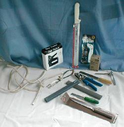 Knives, sharpeners, banding tools, staplers, bungee rope